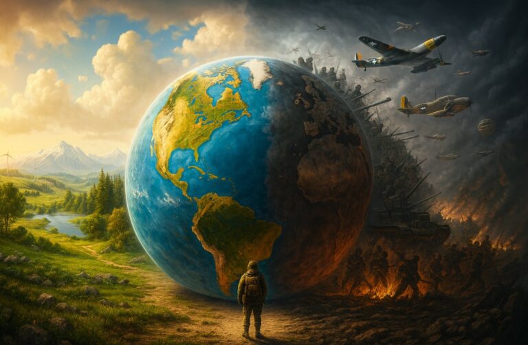 Jordklot med olika sidor i ett tredje världskrig.