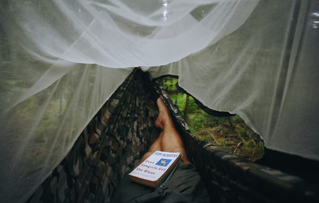 Myggnät över hängmatta.