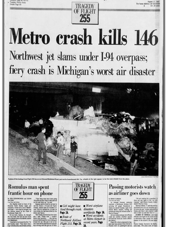 Förstasidan i Detroit Free Press om flygplanskraschen.
